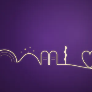 Neon line art illustration with cross, rainbow, church doors, heart, and bare tree symbolizing Lent spiritual journey on purple background