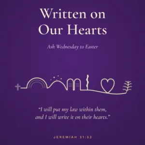 Lent devotional cover "Written on Our Hearts" with purple background, Jeremiah 31:33 quote, and line-drawn icons of cross, heart, and spiritual symbols